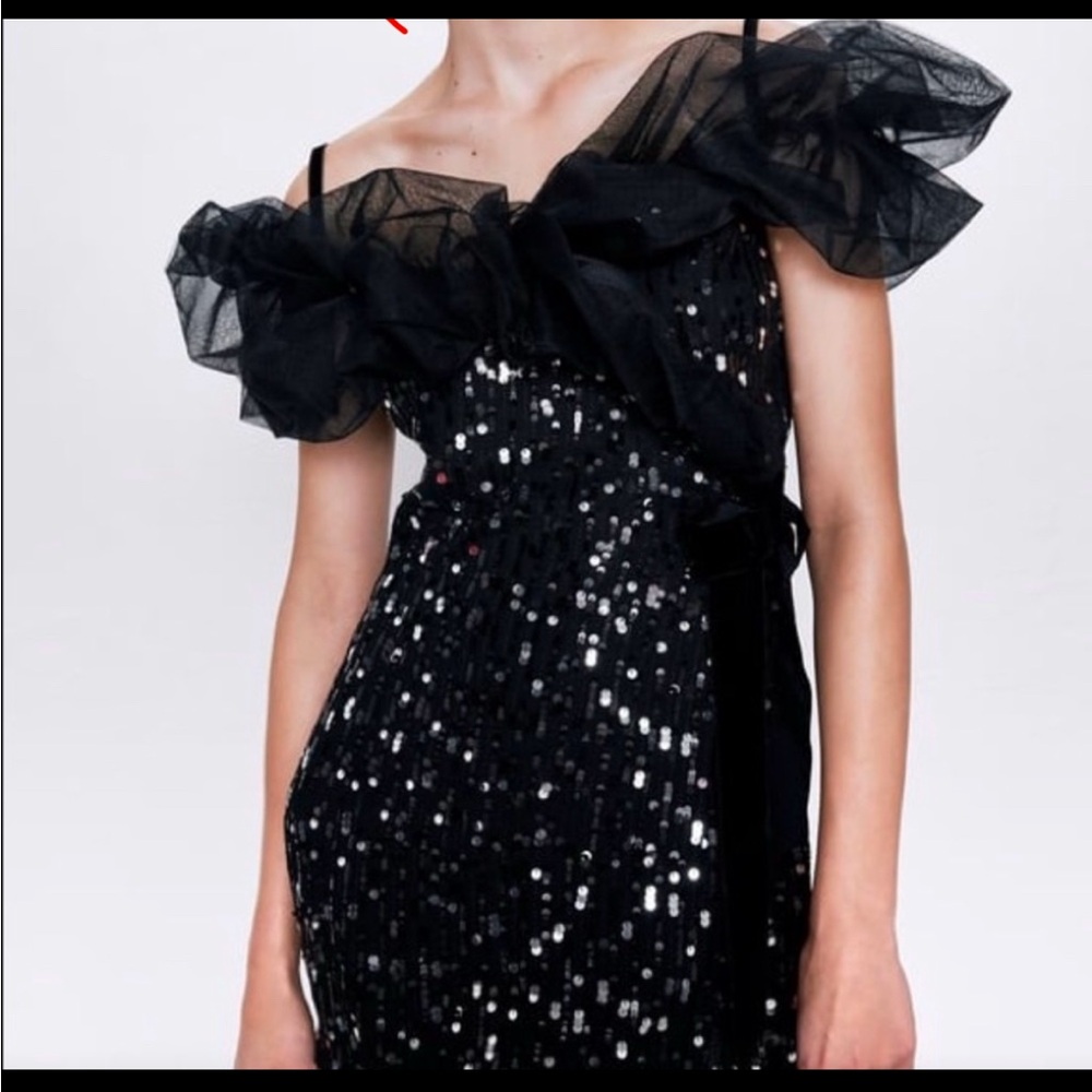 Zara sequin tulle off shoulder wrap dress